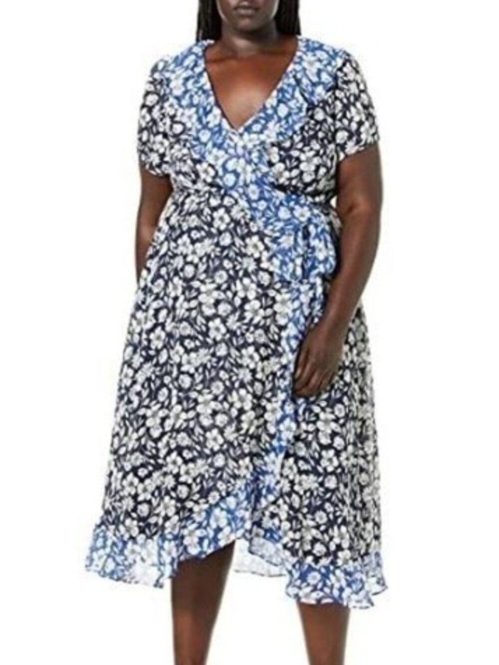Gabby Skye Blue White Floral‎ Ruffle Faux Wrap Dress